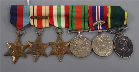 A WWII medal group awarded to BQMS J. G.Sage RA to include oak leaf and efficient service medal, with related paperwork and ephemera
